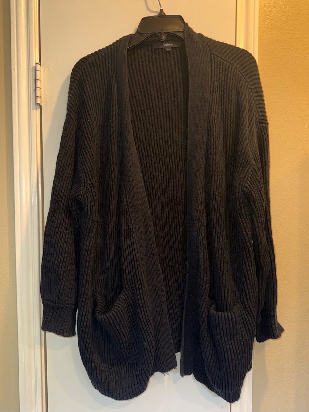 Quince 100% Organic Cotton Oversized Cardigan Black Ribbed Knit Sweater Large - Picture 3 of 10